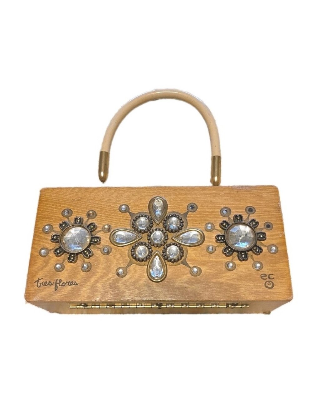 Vtg Enid Collins Tres Flores Wooden Rhinestone Handbag Box Bag Purse